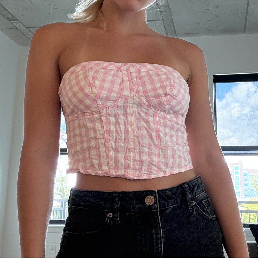 Free people Pink Gingham Strapless Top